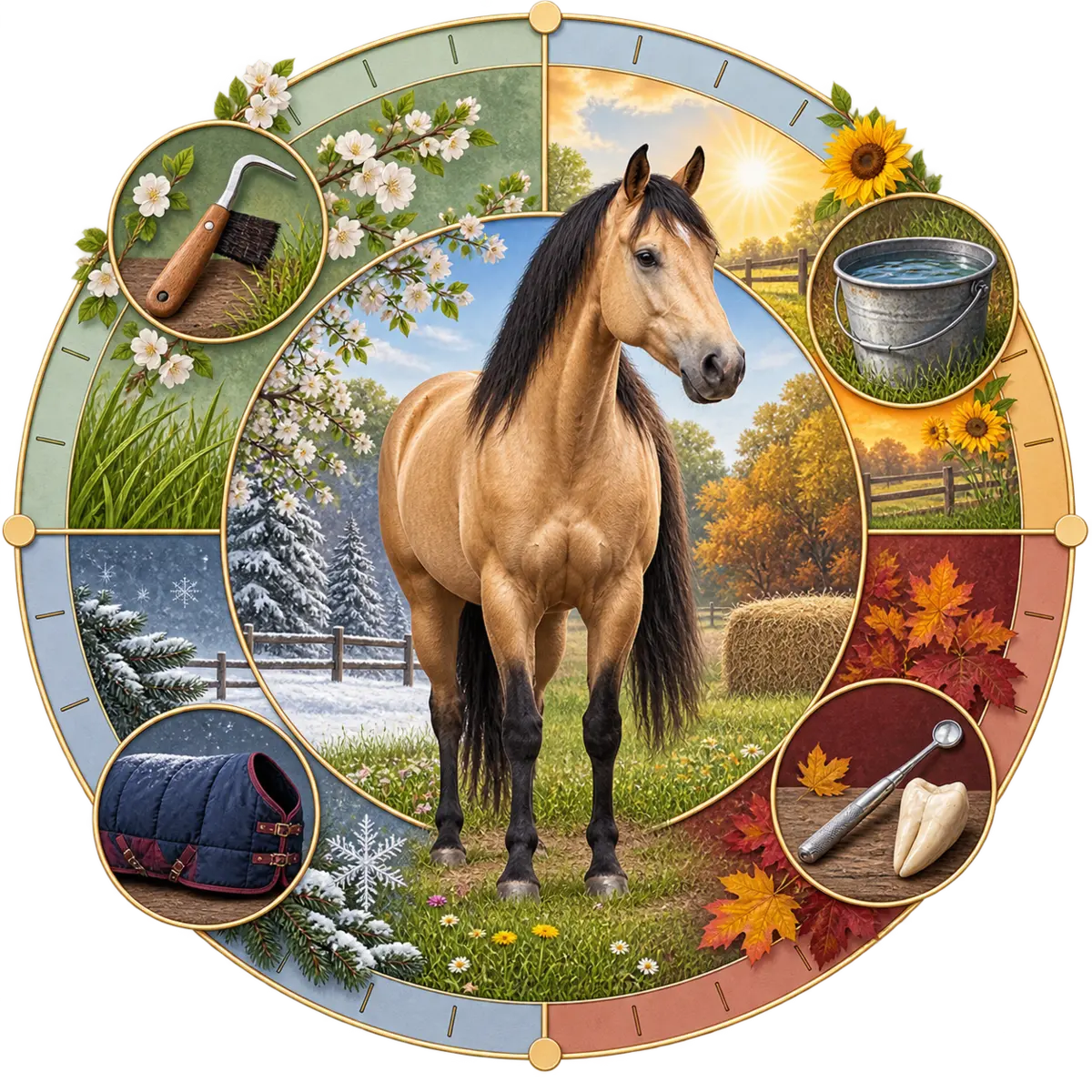 Horse surrounded by four seasonal horse-care planning sections.