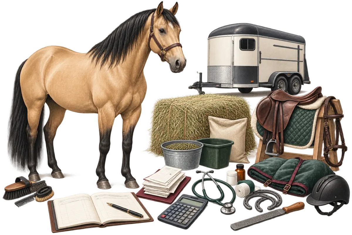 Horse surrounded by major annual ownership expense categories.