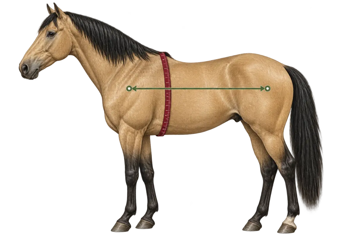 Side-view horse showing heart-girth and body-length measurement paths.