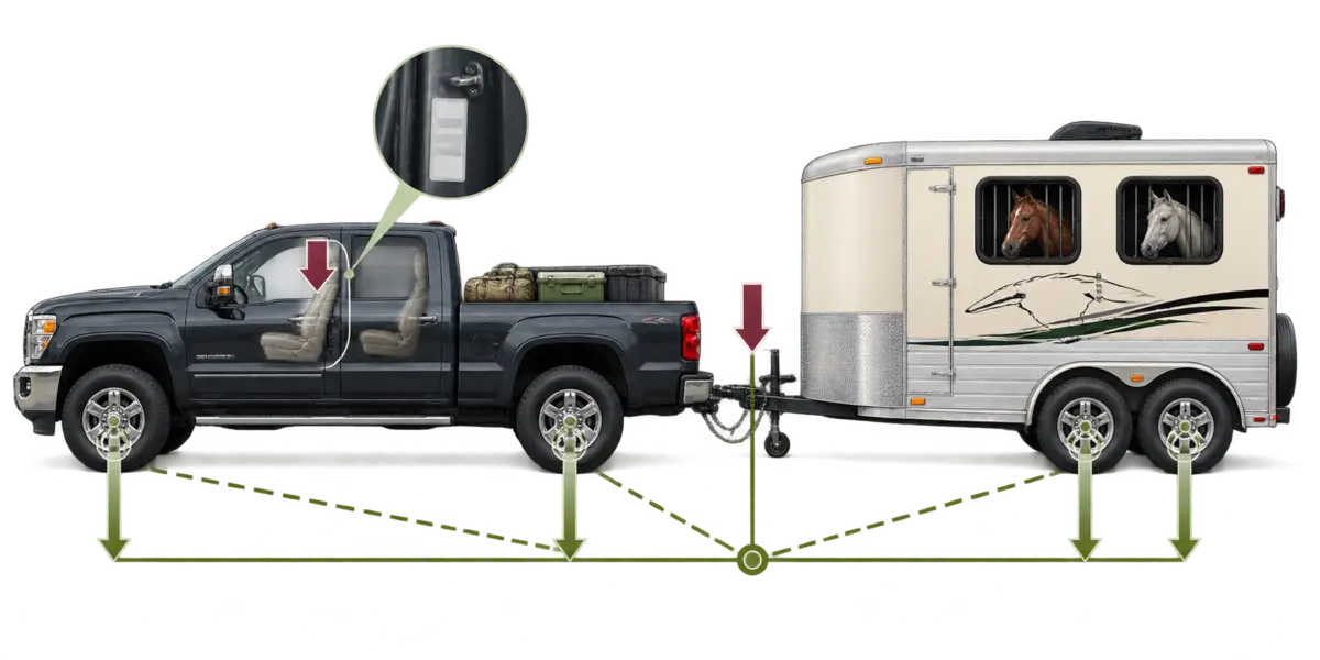 Pickup and horse trailer with payload and tongue-weight load markers.