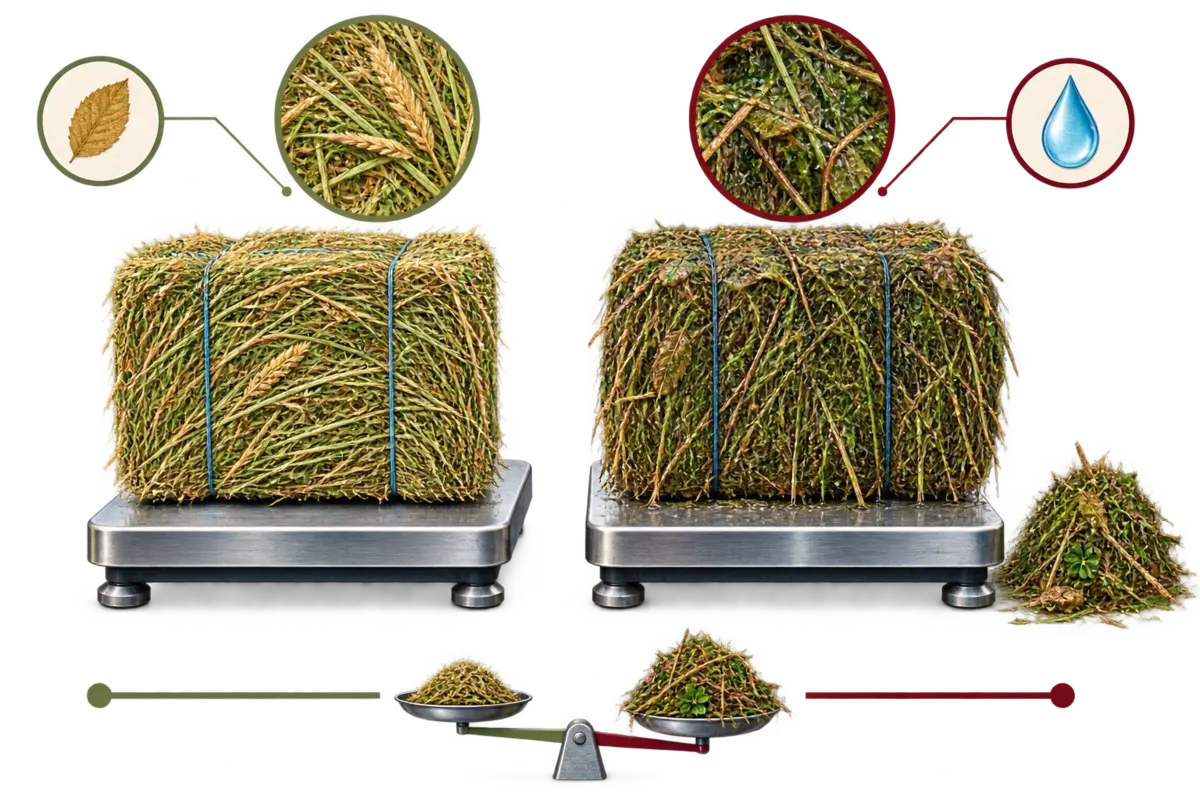 Dry and moisture-heavy hay bales compared on matching scales.