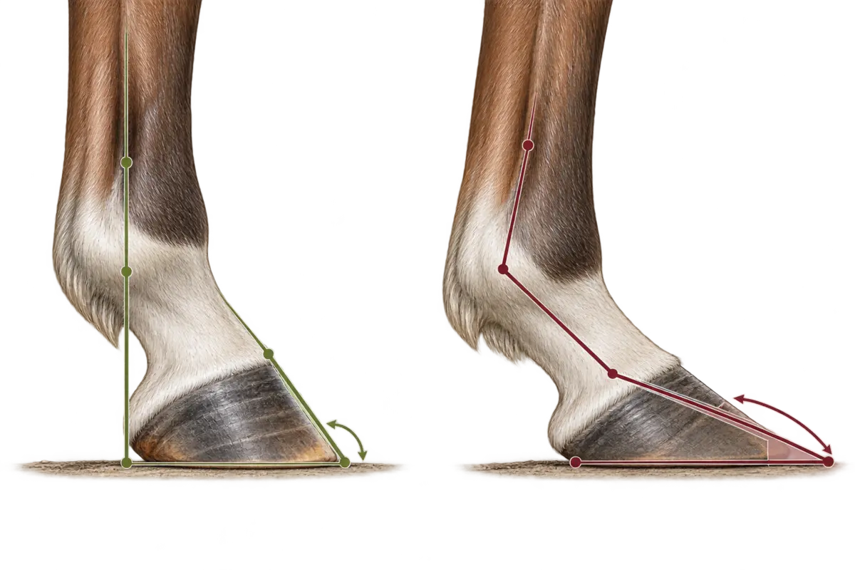 Balanced hoof compared with a long-toe, underrun-heel hoof.