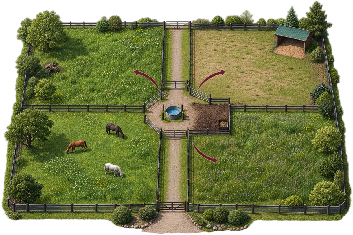 Four-paddock example with gates, central lane, shared water and rotation arrows.