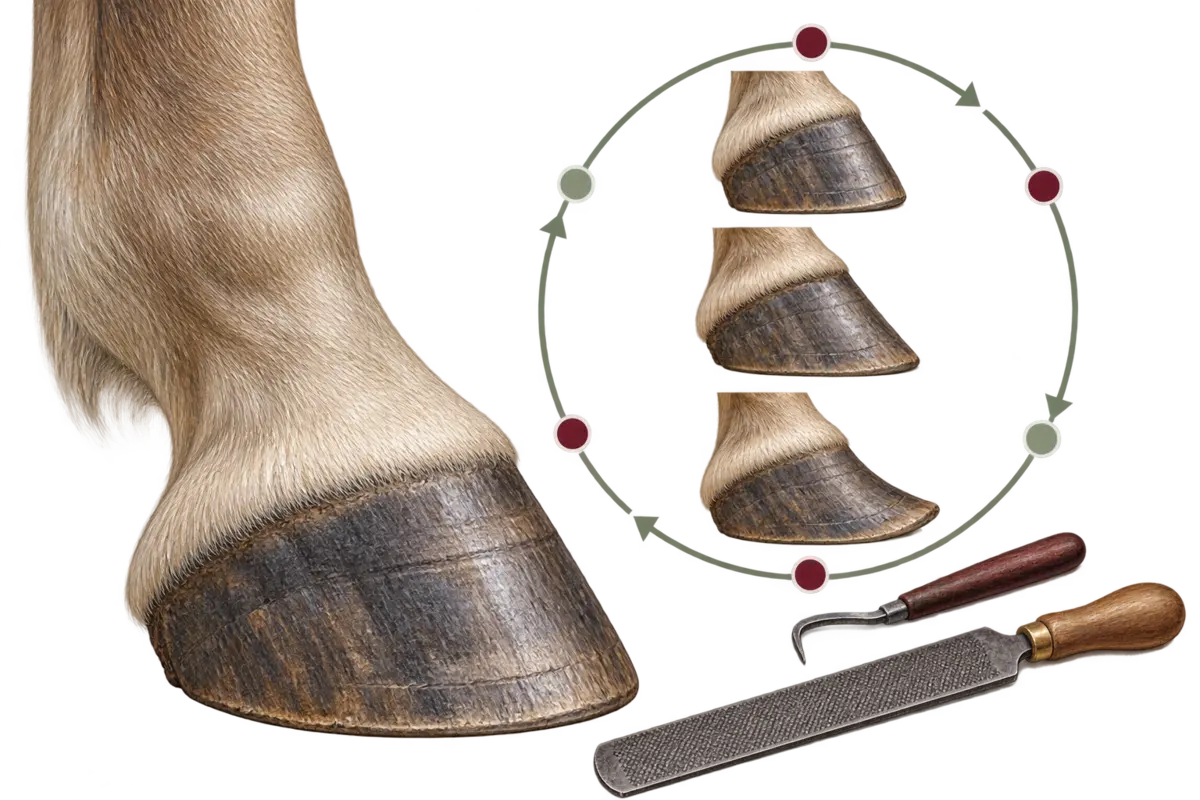 Unshod hoof and progressive hoof-growth stages around a trim cycle.