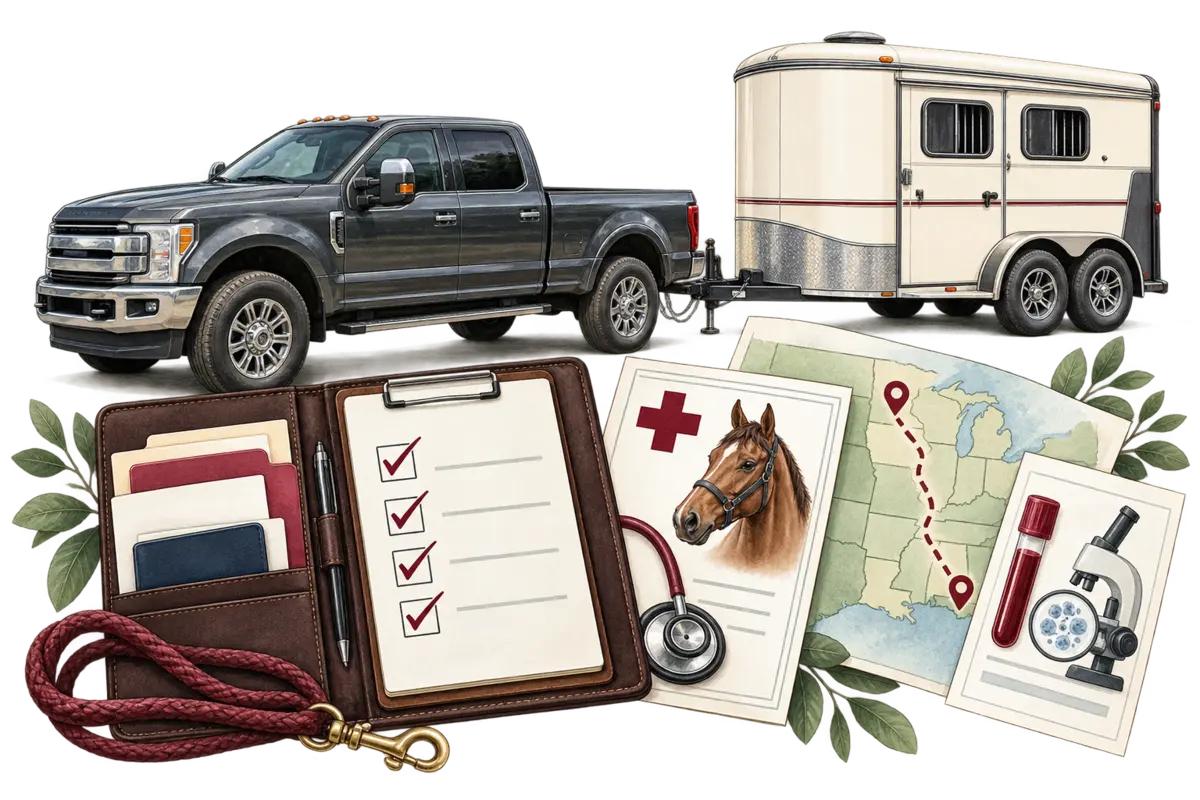 Horse trailer and organized travel health documents and checklist.