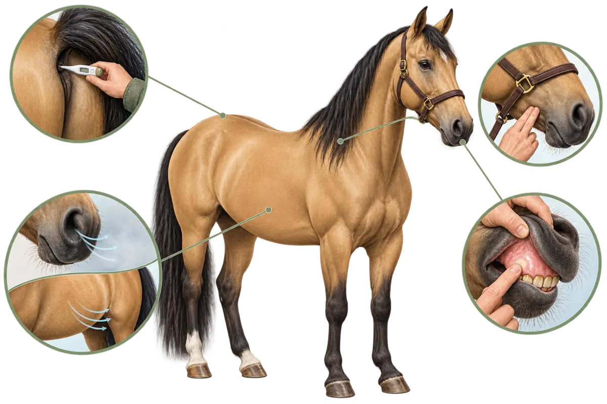 Horse with close-up examples of temperature, pulse, respiration and gum checks.