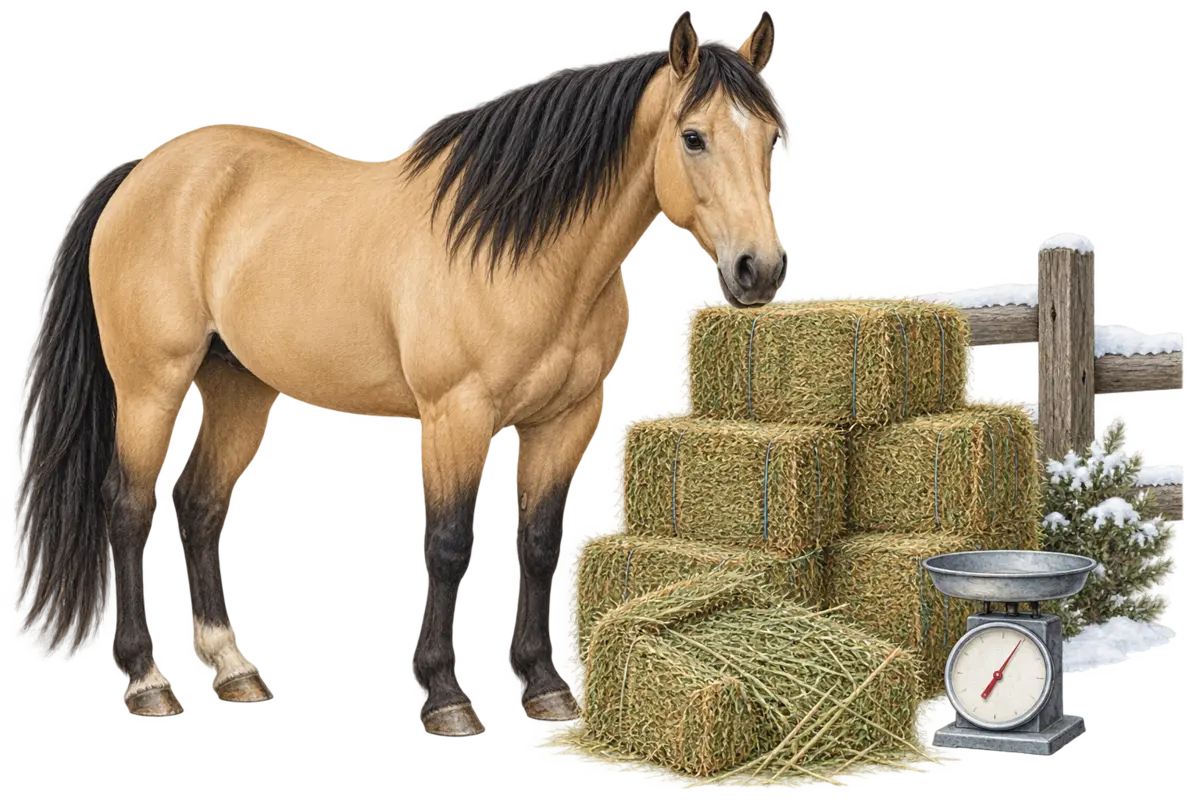Horse beside stacked hay bales and a feed scale in winter.