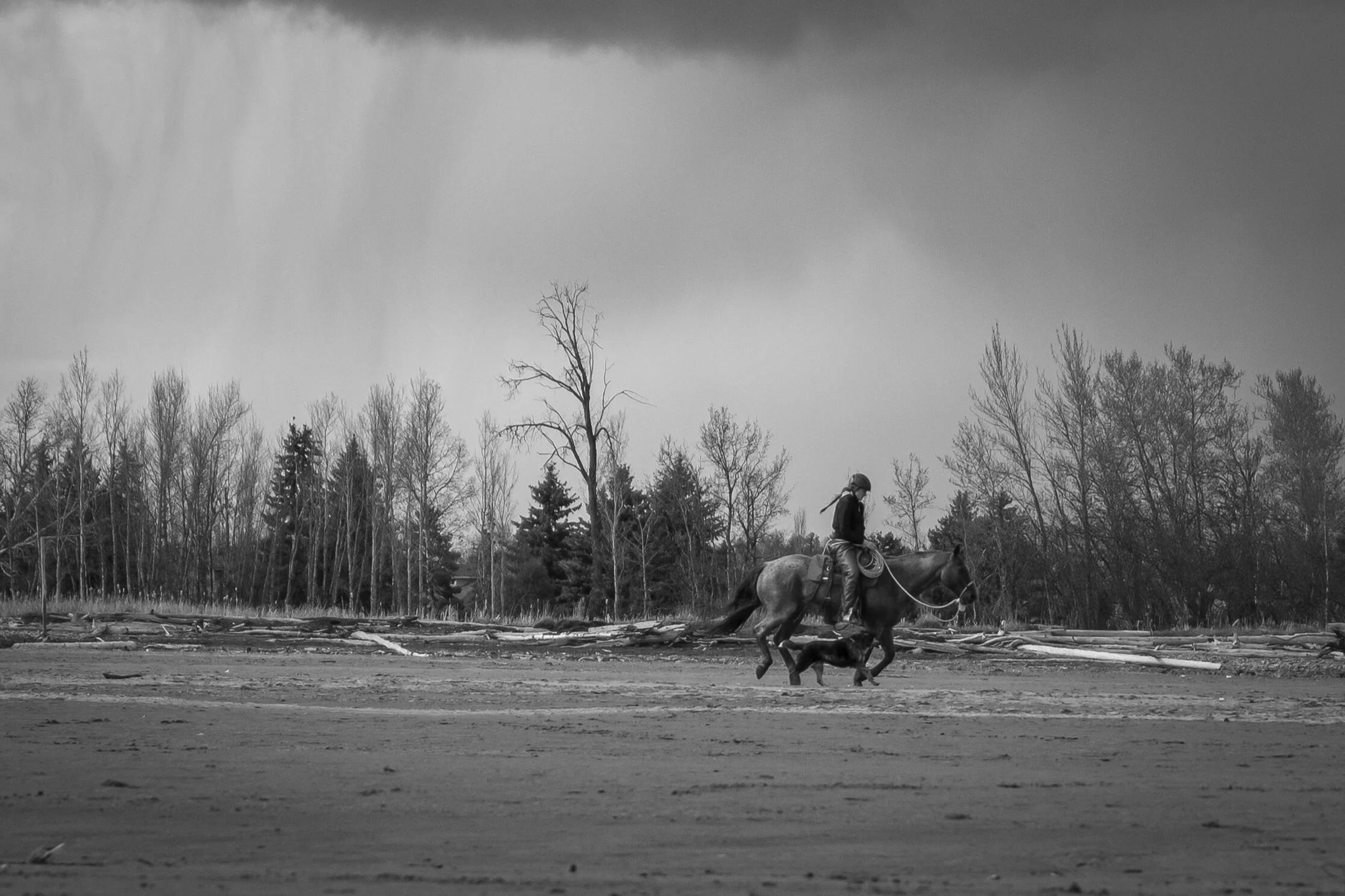 A rider and a dog crossing an open flat under a Montana storm