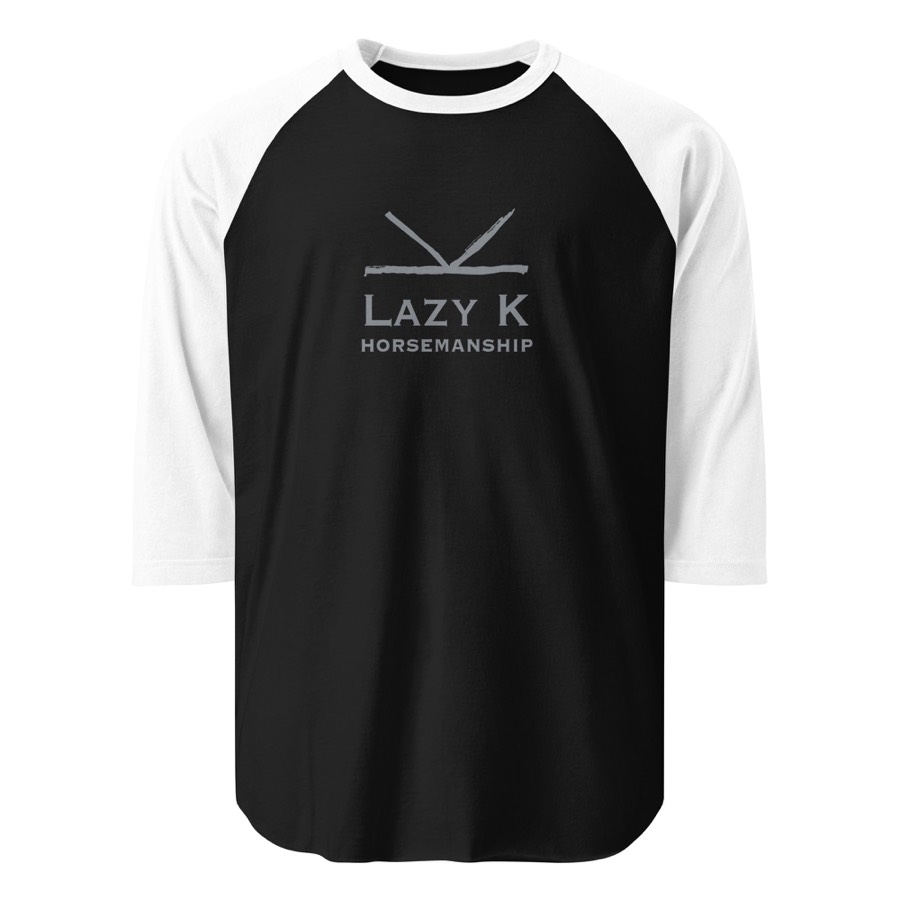 First Ride Raglan in black/white with the Lazy K Horsemanship mark on the chest