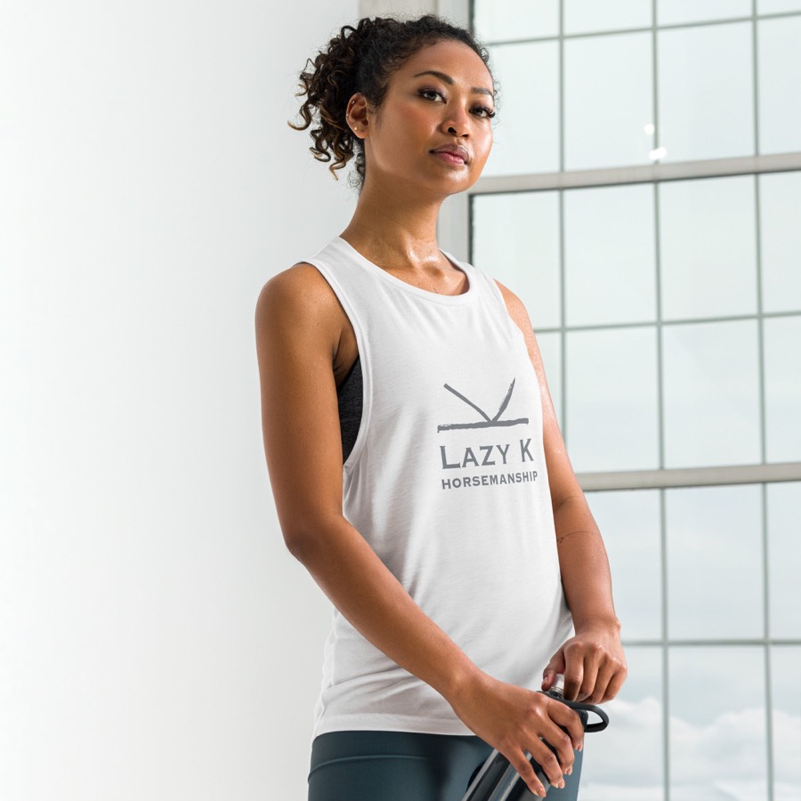 Haying Season Tank in white with the Lazy K Horsemanship mark on the chest